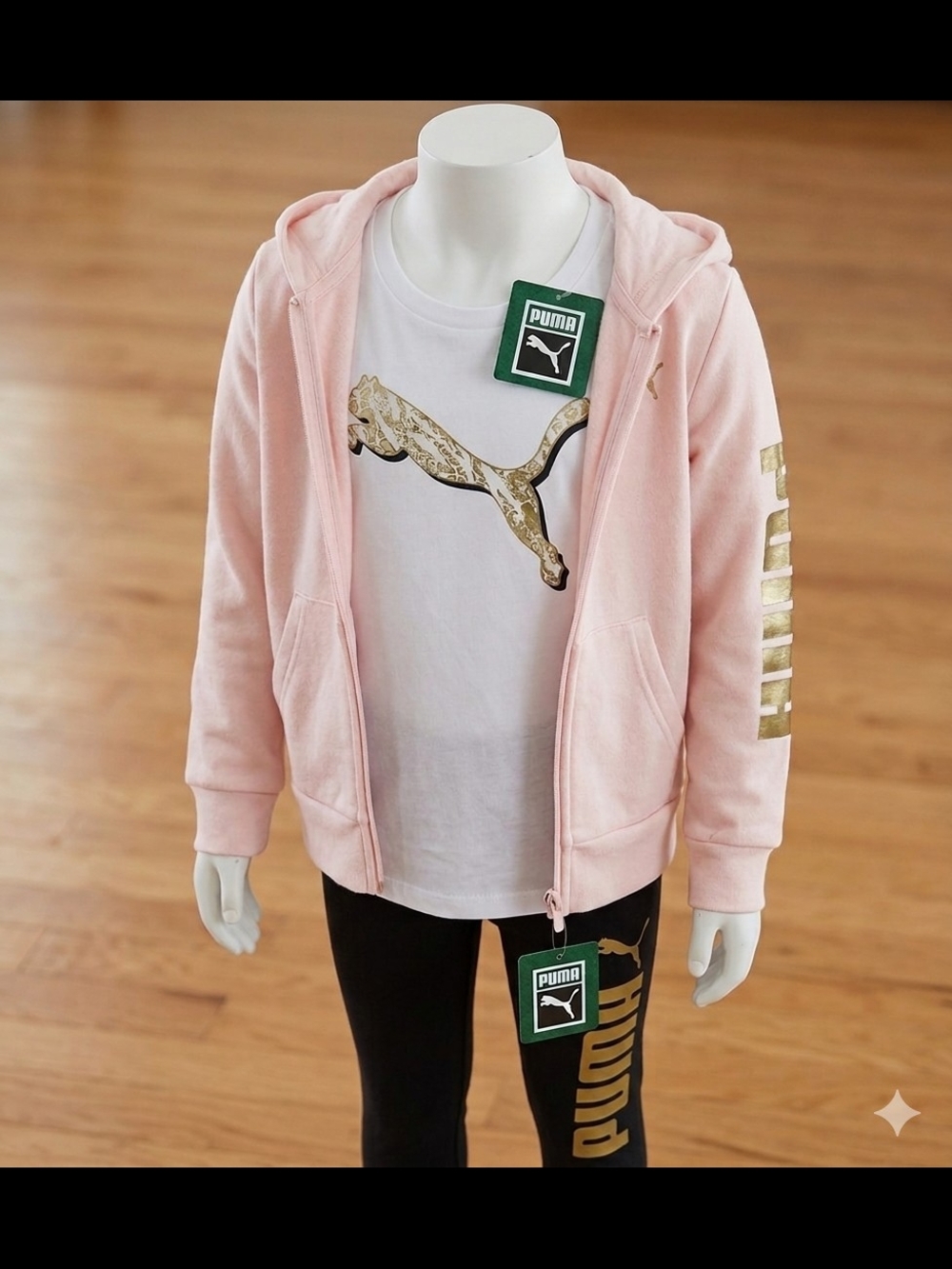 Puma Pink Zip Hoodie with White Tee and Gold Logo